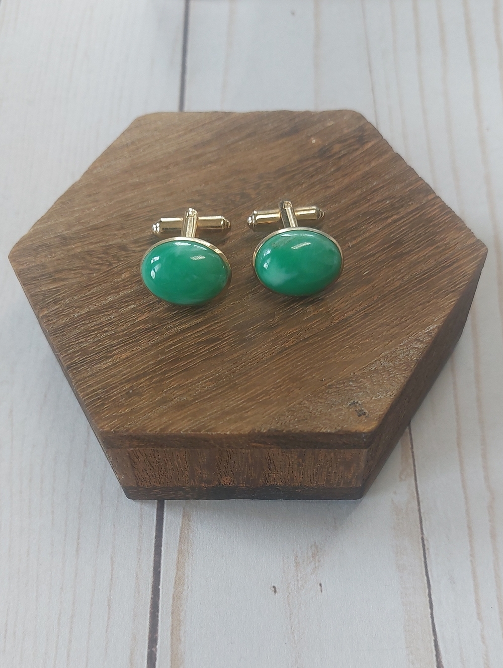Green Oval Stone Cufflinks - Gold Tone